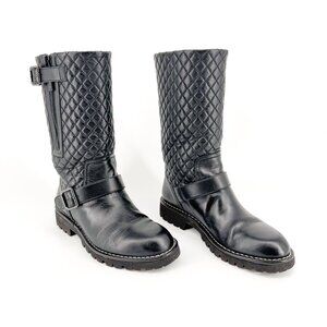 Chanel Quilted Moto Boots EU 37.5 US 6.5-7 Black Leather CC Biker Riding Calf